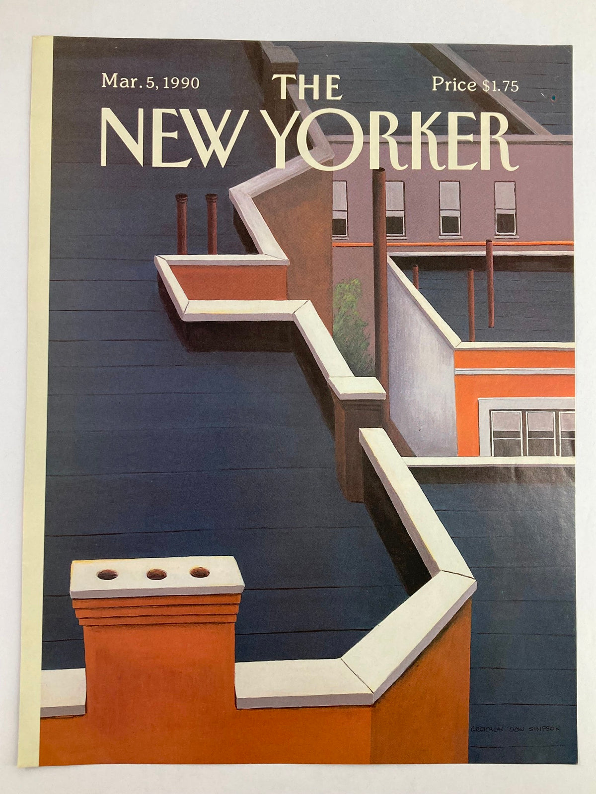 The New Yorker Cover March 5, 1990 titled 'Roofdeck Blues' by Gretchen Dow Simpson, showcasing a stylized depiction of rooftops, highlighting urban architecture.