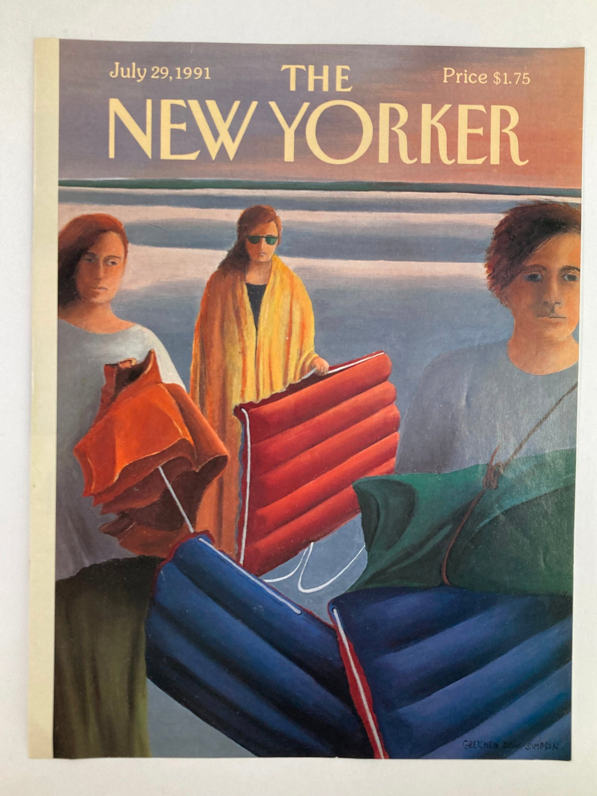 COVER ONLY The New Yorker July 29 1991 Swimming Floats by Gretchen Dow Simpson, showcasing vibrant swimming floats and three figures on a calm beach.