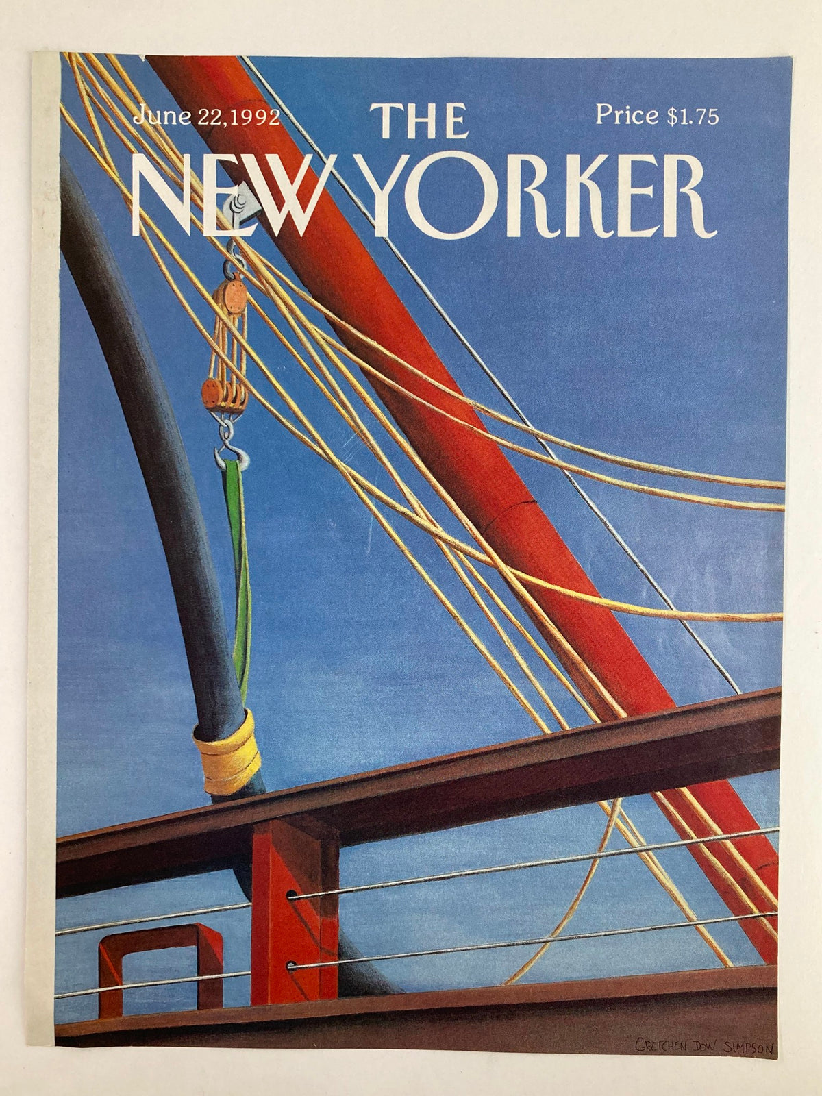 The New Yorker cover from June 22, 1992, 'Sail Away' by Gretchen Dow Simpson, showcasing vibrant colors and intricate details of a ship's rigging.