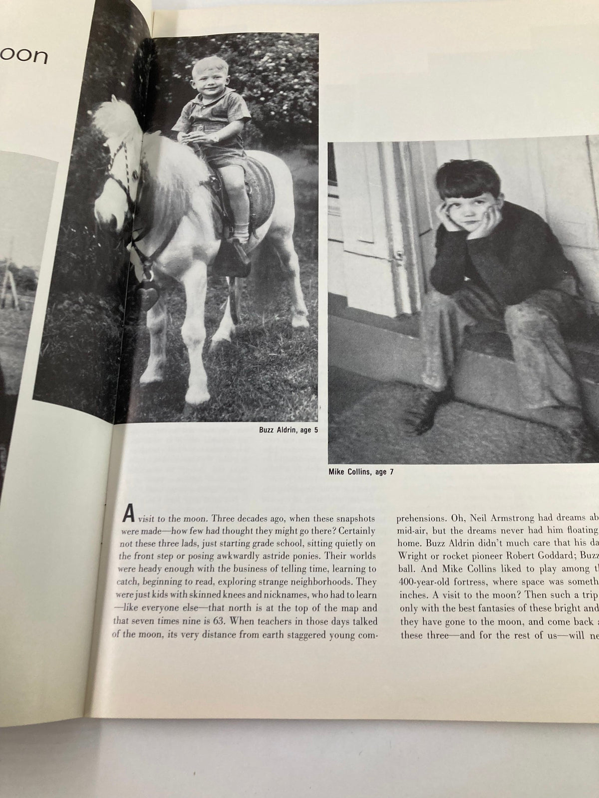 Child sitting on a pony alongside a picture of another child in the VTG Life Magazine 1969 To The Moon and Back, illustrating childhood imagination linked to space.