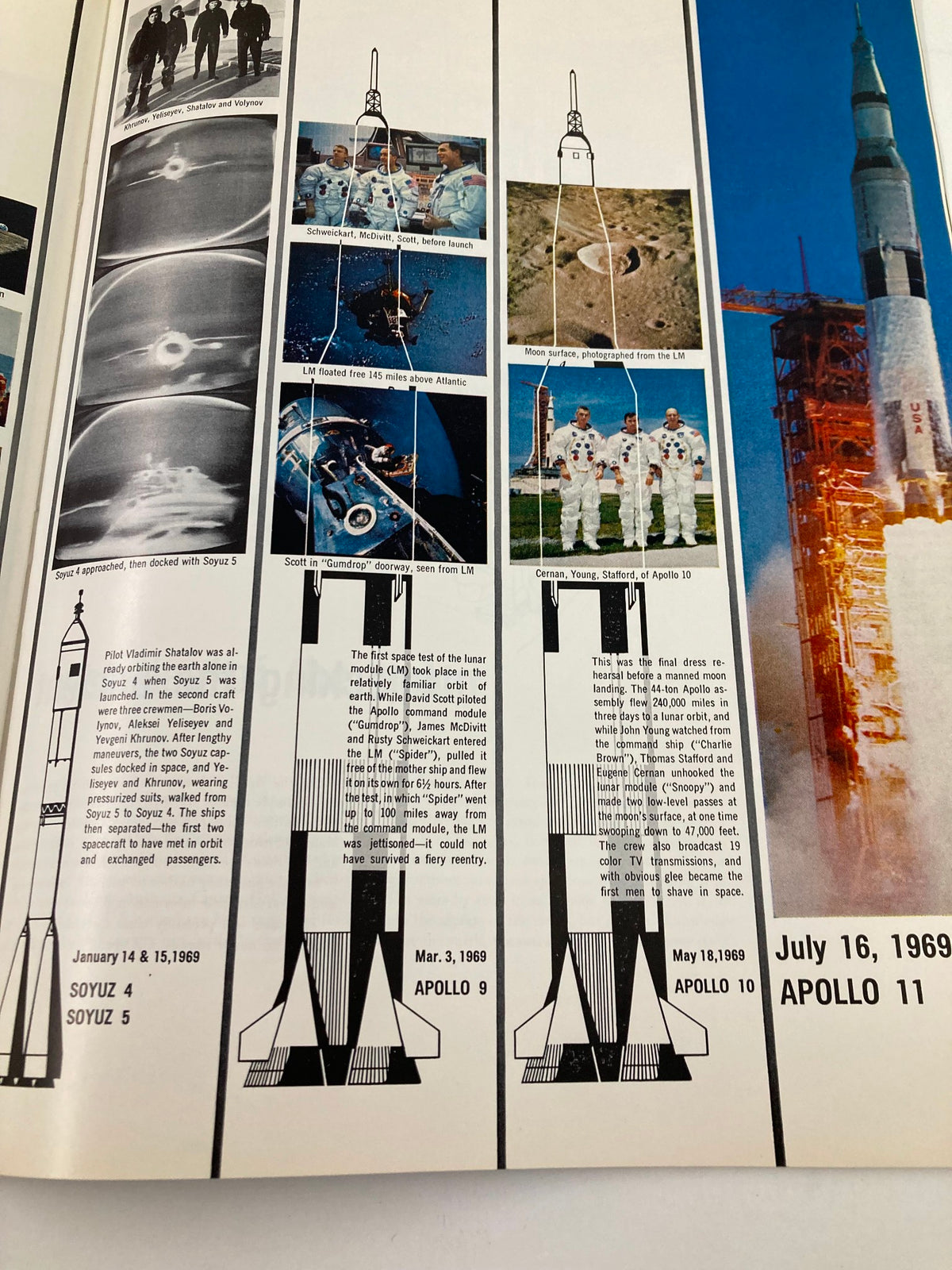 Illustration of space missions and astronauts from the Apollo program in the VTG Life Magazine 1969 To The Moon and Back, emphasizing major achievements in lunar exploration.