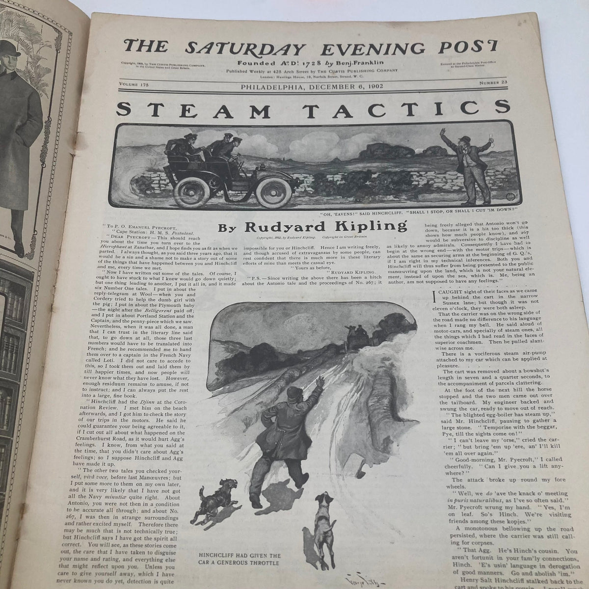 Interior page of the Saturday Evening Post December 6 1902 featuring the article 'Steam Tactics' by Rudyard Kipling, illustrated with early 1900s graphics and engaging imagery.