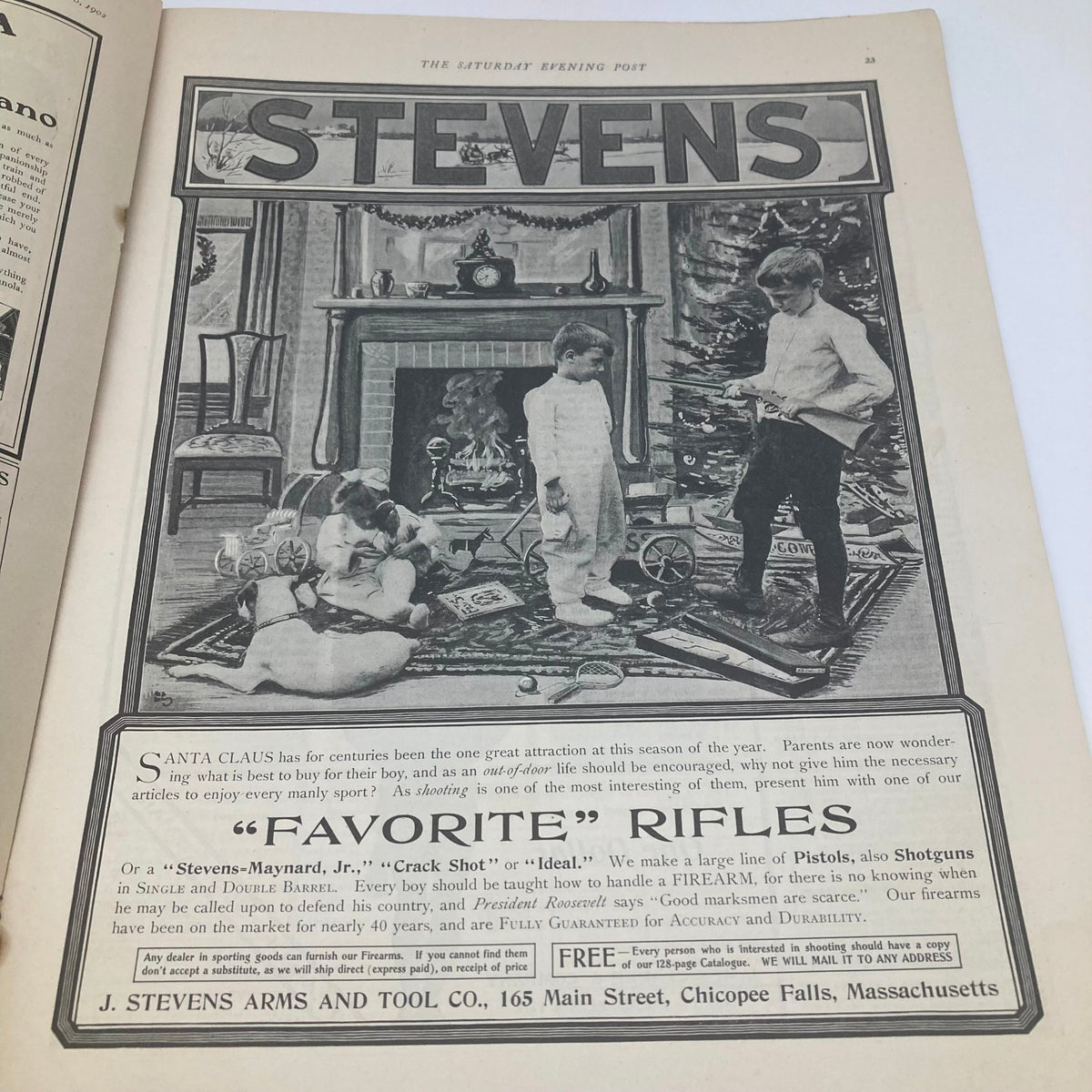 Ad featuring children with toys, promoting Stevens favorite rifles, on the page of the Saturday Evening Post Illustrated Cover December 6 1902 The Christmas Number.