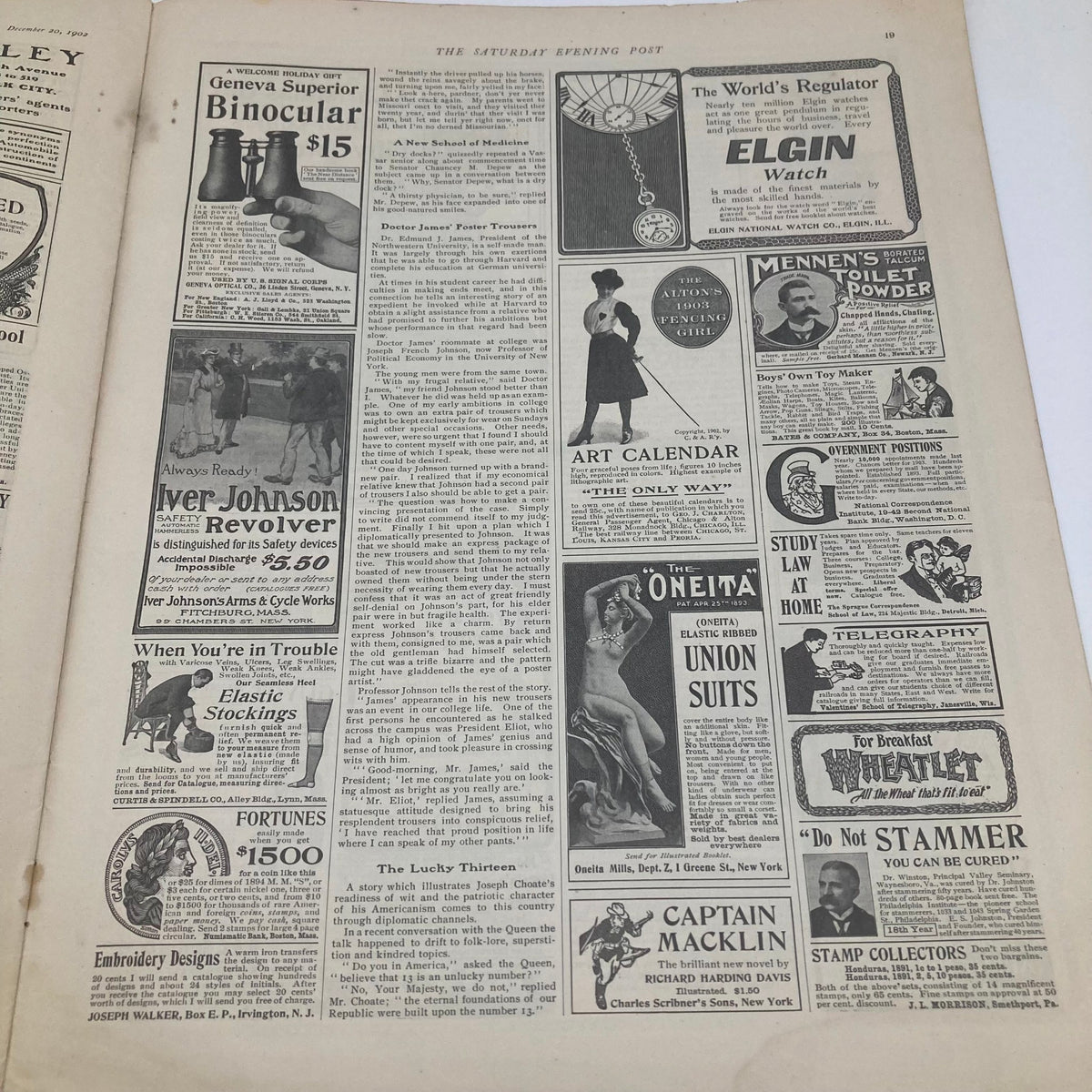An advertising page from the Saturday Evening Post December 20 1902 featuring various vintage ads including one for Elgin watches.