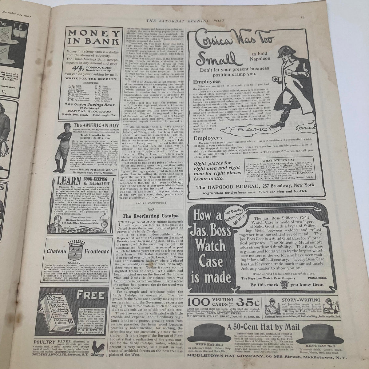 Advertisement page from the Saturday Evening Post highlighting financial tips and various advertisements including 'Money in Bank', December 27 1902, M. de Blowitz Cover.