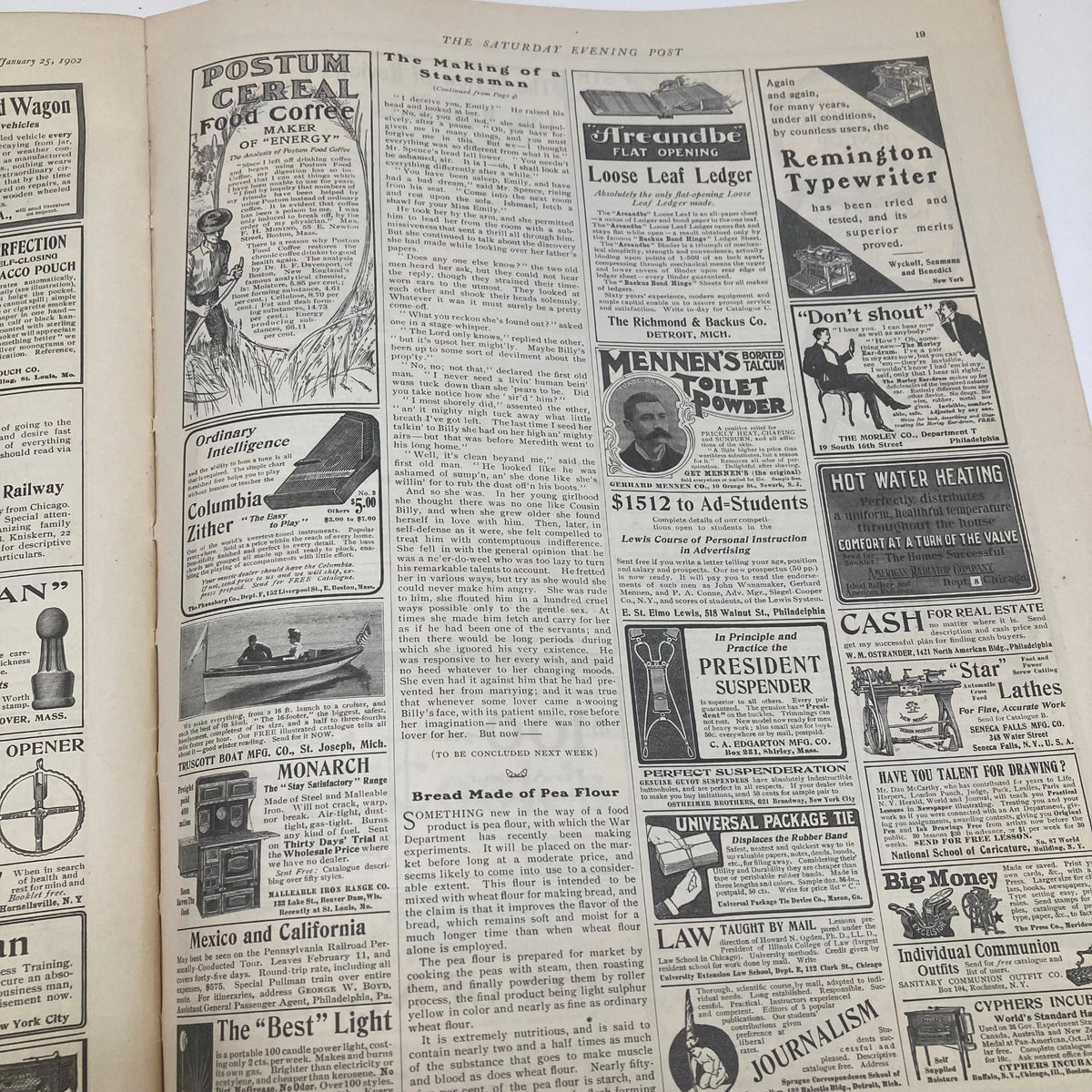 Advertisement pages from the Saturday Evening Post Illustrated Cover January 25, 1902 featuring various products and services from early 20th-century America.