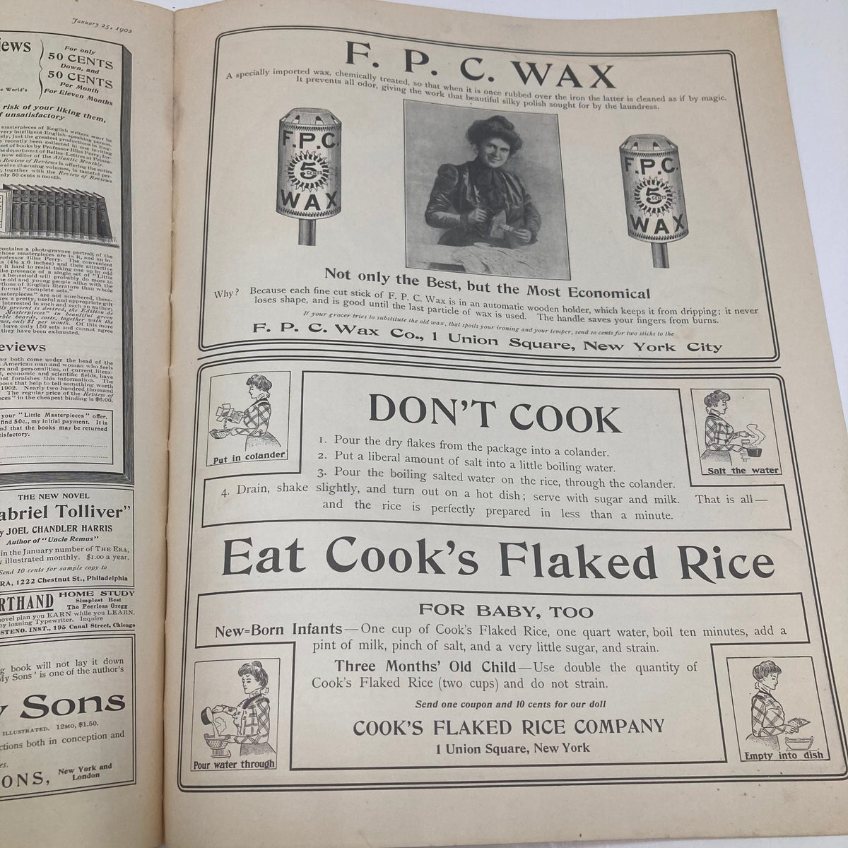 Advertisement page from the Saturday Evening Post Illustrated Cover January 25, 1902 showcasing F.P.C. Wax and Cook's Flaked Rice, highlighting nostalgic culinary and household products.