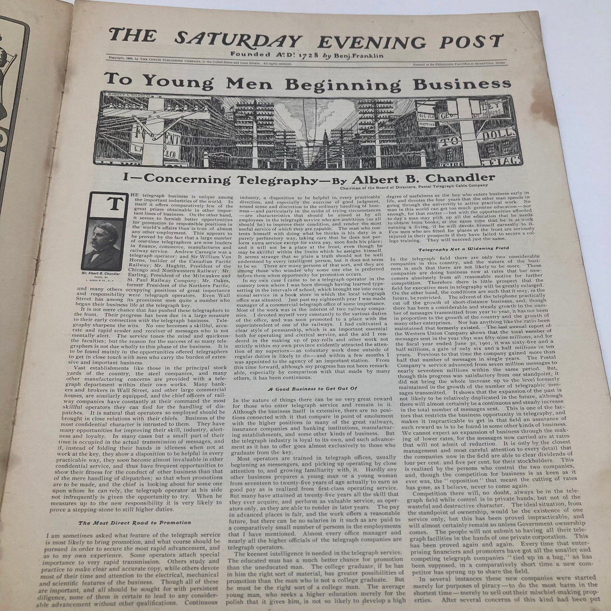 Interior page from The Saturday Evening Post, January 11, 1902, with an article titled 'To Young Men Beginning Business' by Albert B. Chandler, focused on entrepreneurship.