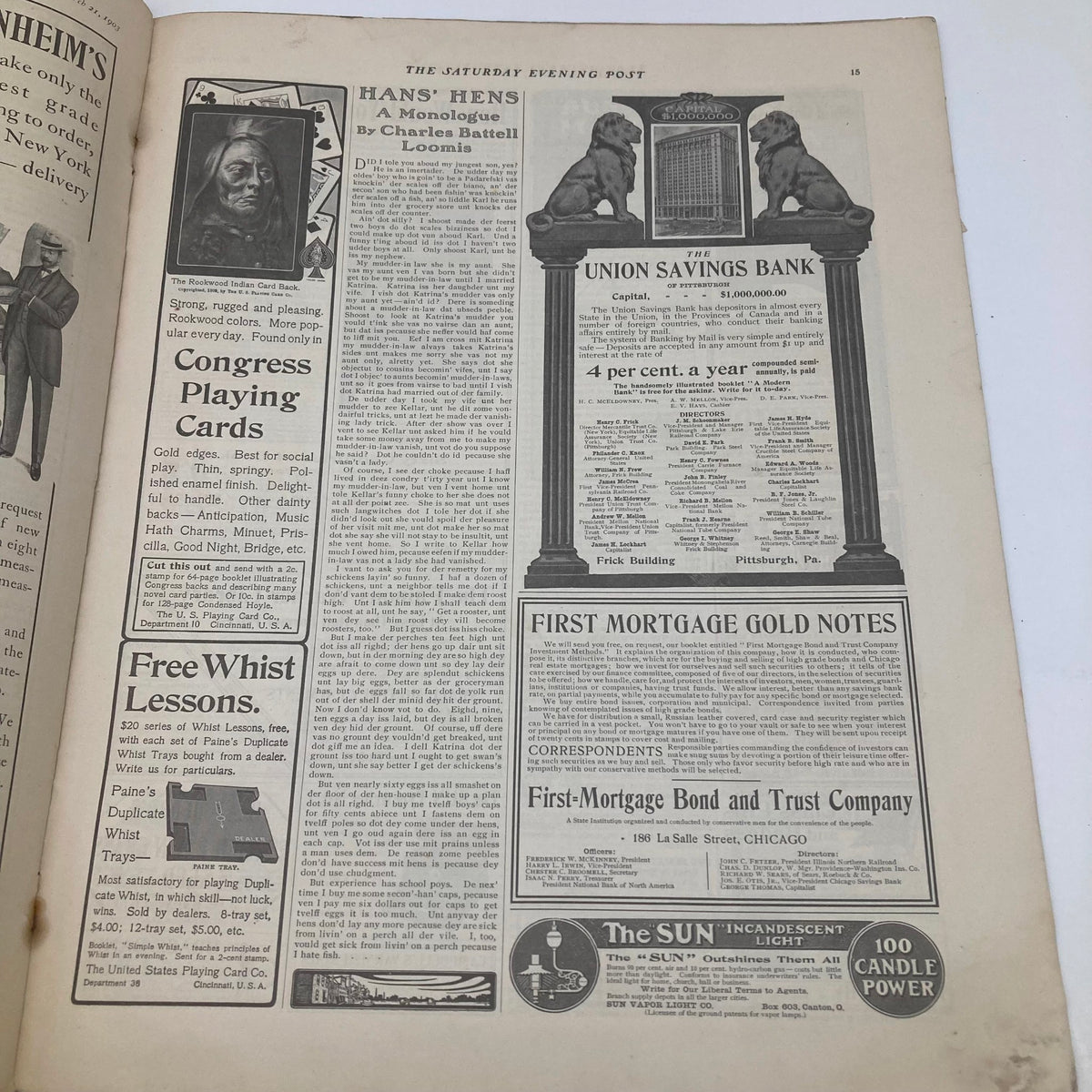 Advertisement page from the Saturday Evening Post illustrated cover March 21 1903 showcasing historical playing cards and bank advertisements.