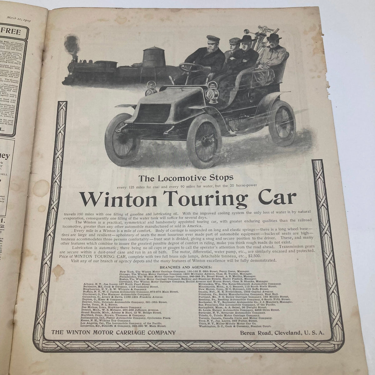 Vintage advertisement from the Saturday Evening Post illustrated cover March 21 1903 promoting the Winton Touring Car featuring a classic automobile.