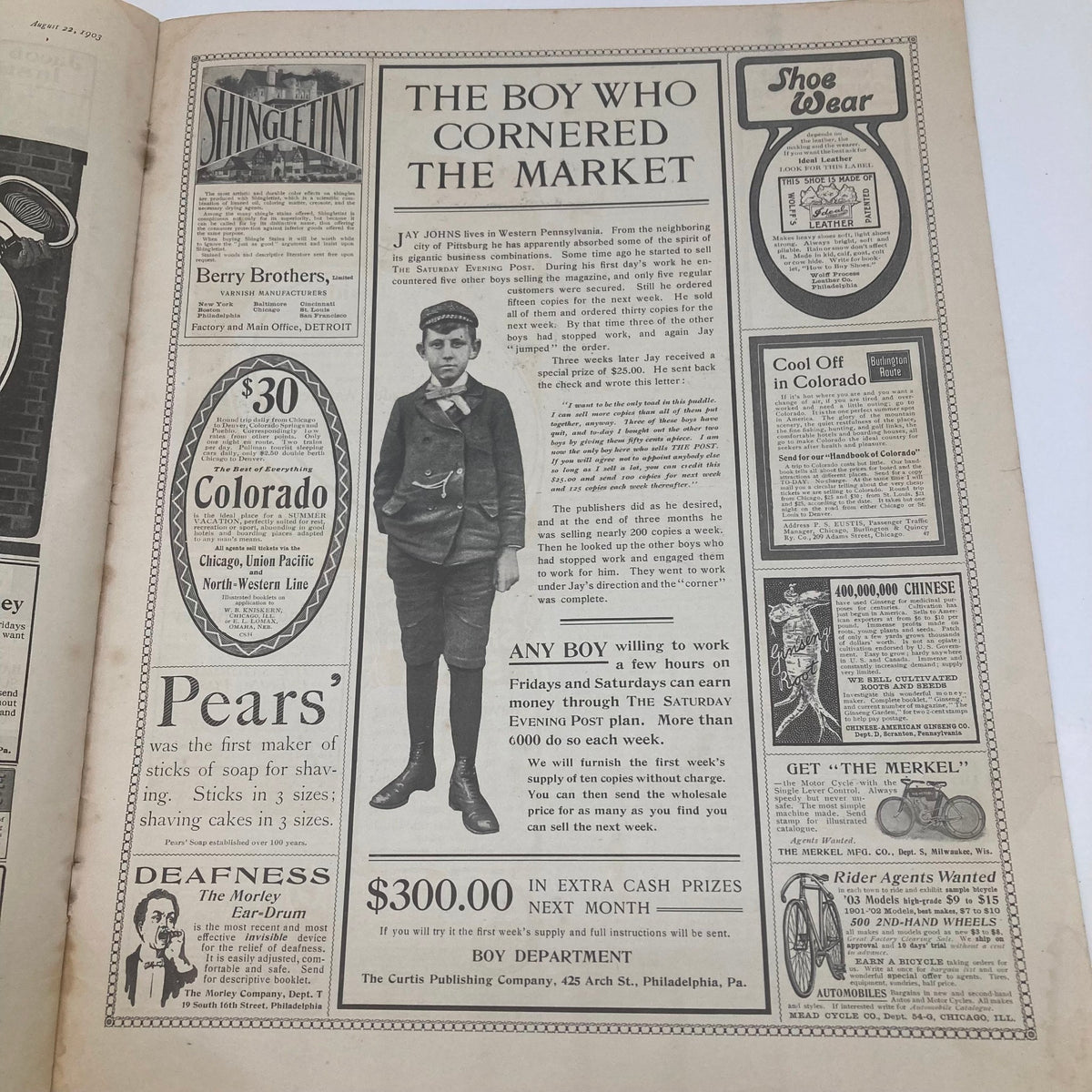 Inside page of the Saturday Evening Post August 22 1903 showcasing an advertisement for 'The Boy Who Cornered the Market'.