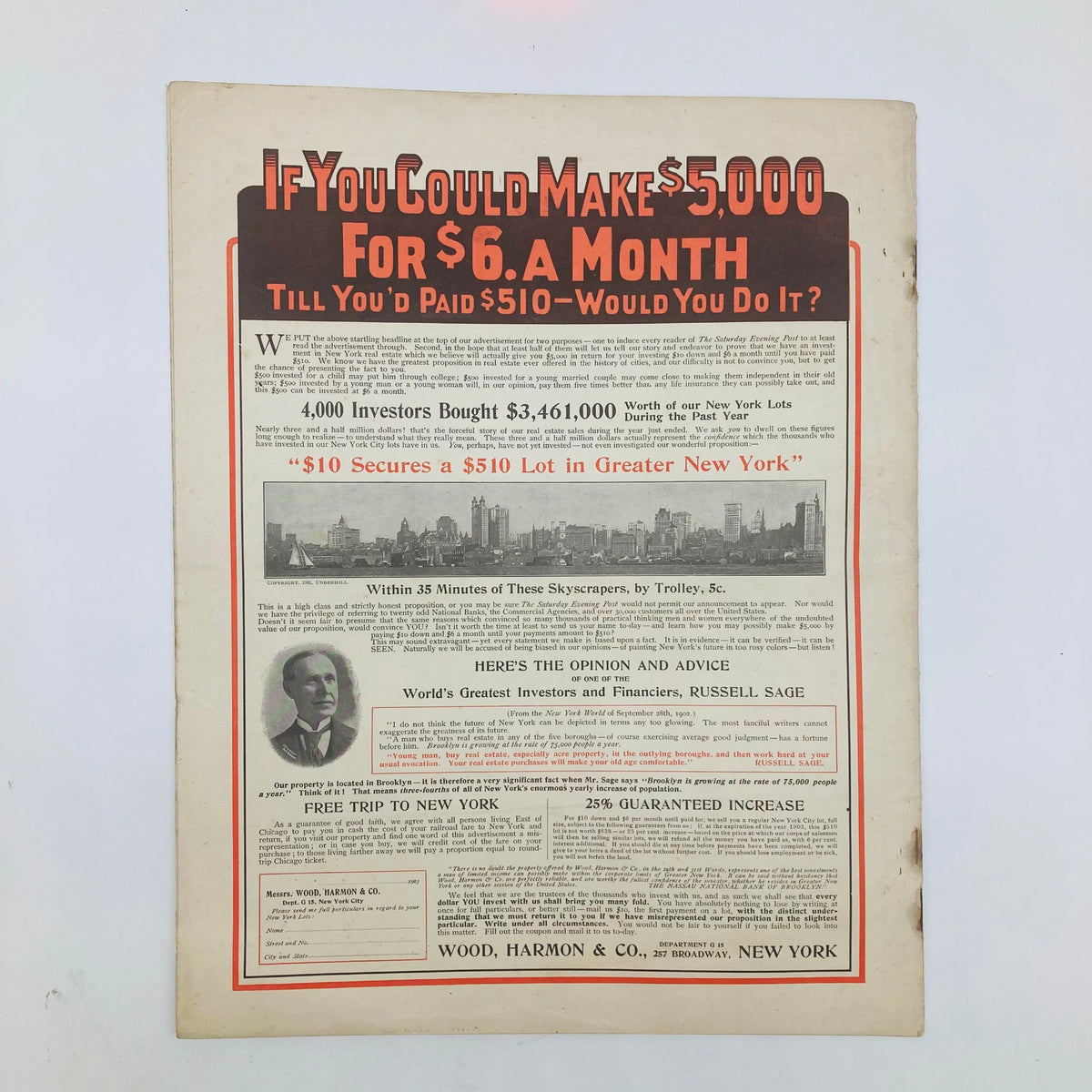 Promotional material from the February 21, 1903 Saturday Evening Post discussing investment opportunities in New York.