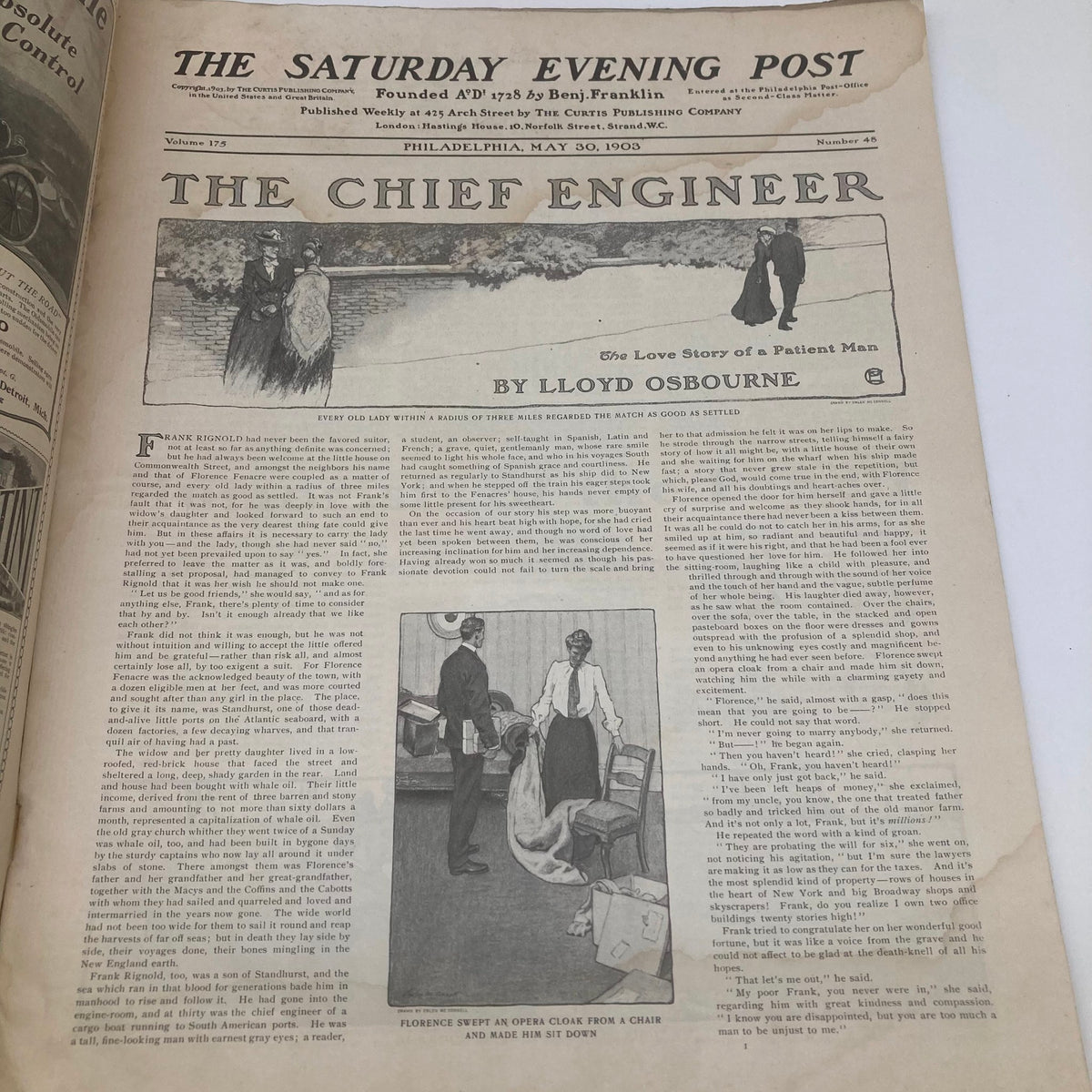 Interior page of the Saturday Evening Post from May 30, 1903, featuring the story 'The Chief Engineer' by Lloyd Osbourne with illustrations and text.
