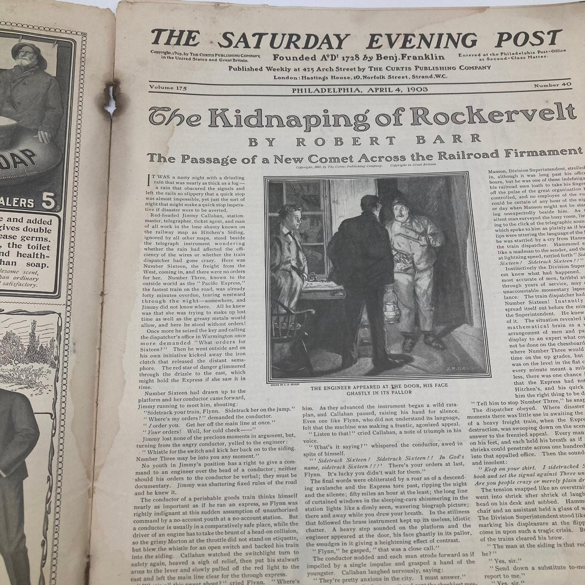 Inside page of the Saturday Evening Post from April 4, 1903, titled 'The Kidnapping of Rockervelt' by Robert Barr, showcasing text and illustrations.