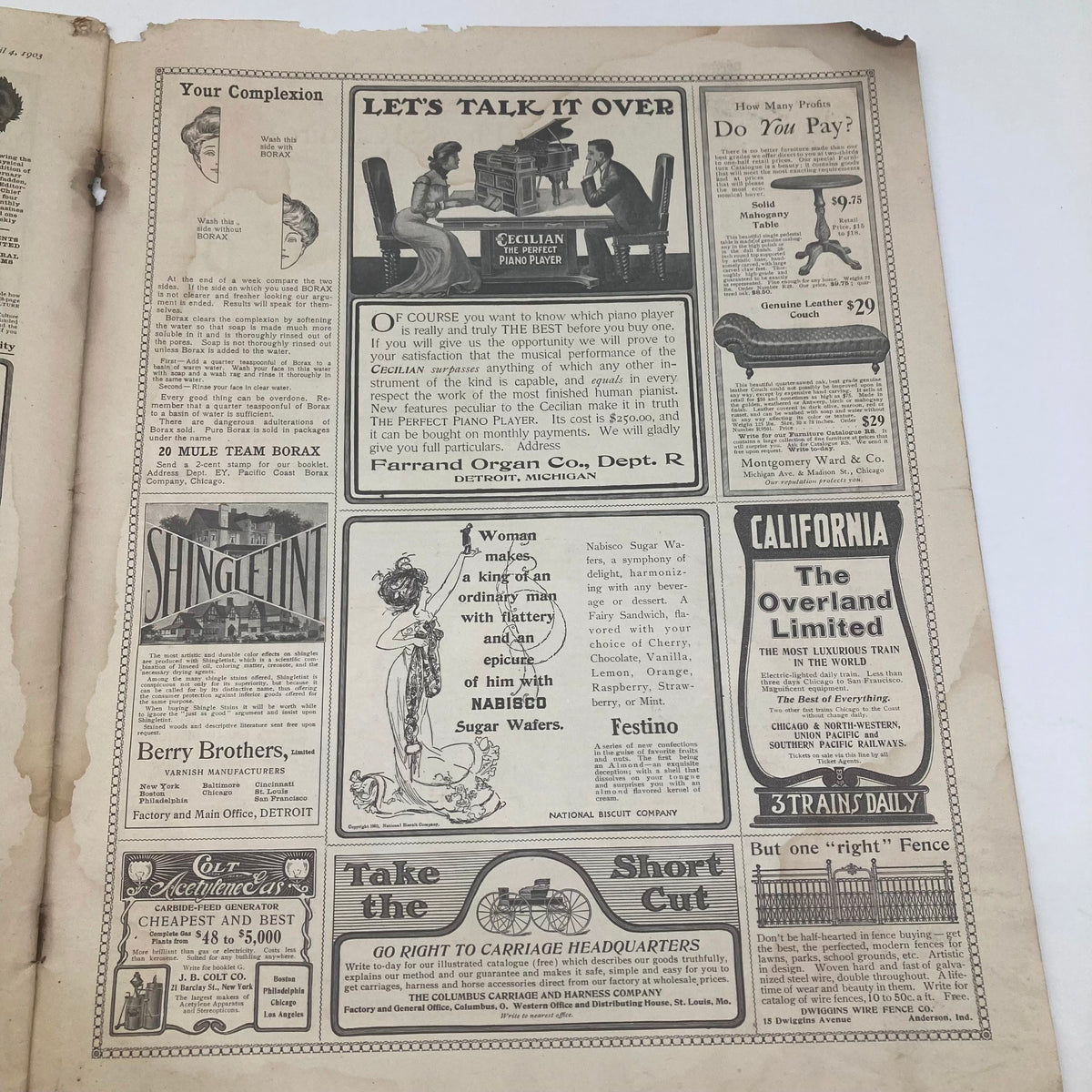 Vintage advertisement page from the Saturday Evening Post, featuring a conversation between two individuals at a table. Historical context from April 4, 1903 under the title Saturday Evening Post Illustrated Cover.