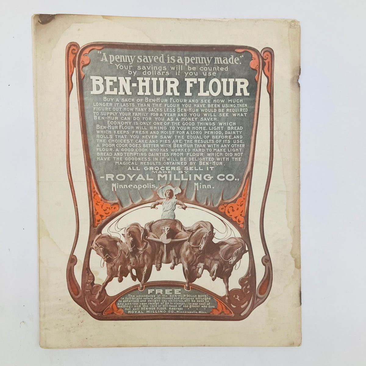 Historical advertisement for Ben-Hur Flour by Royal Milling Co., showcasing a strong individual riding on oxen, published in the Saturday Evening Post on April 4, 1903.