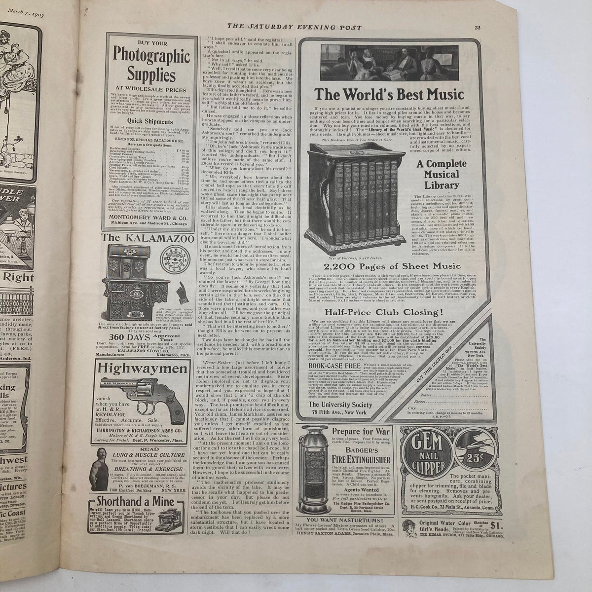 Another interior page of the Saturday Evening Post from March 7, 1903, featuring advertisements that capture the essence of early 20th-century media.