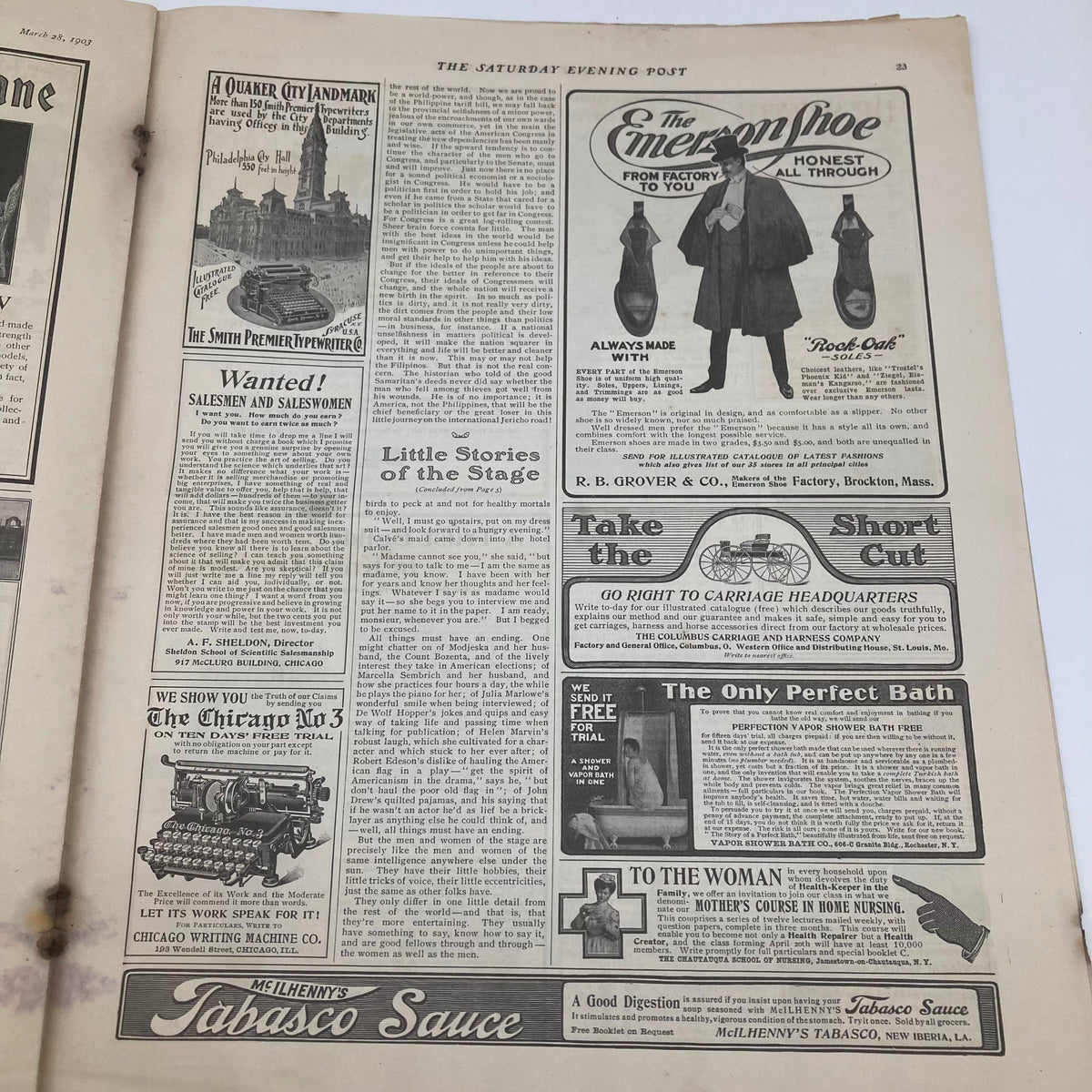 Inside view of the Saturday Evening Post Illustrated Cover March 28 1903, displaying various articles and advertisements from the time.
