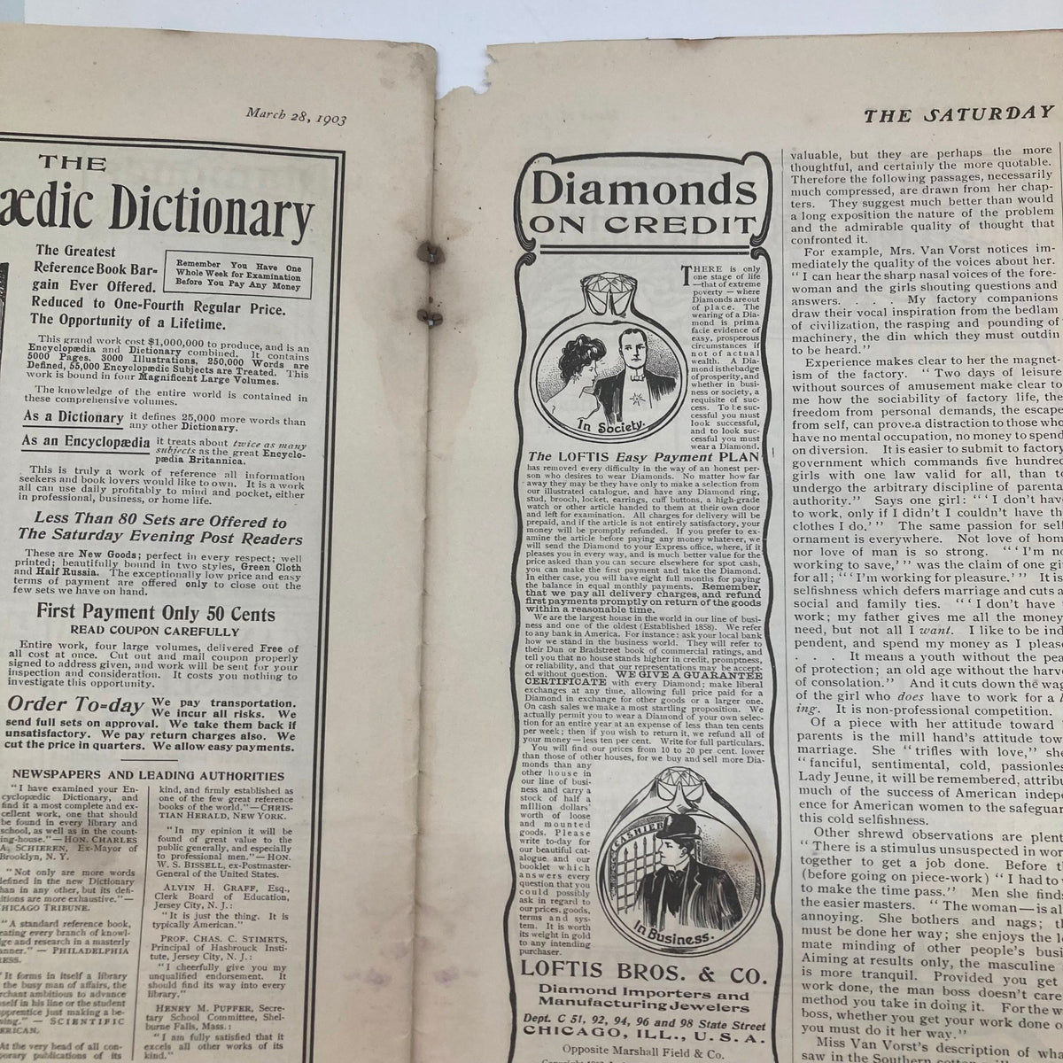 Detailed advertising page from the Saturday Evening Post Illustrated Cover March 28 1903, highlighting unique vintage ads and content from early 1900s.