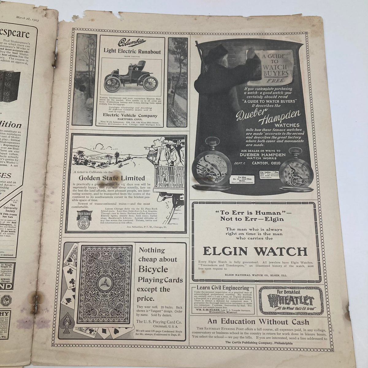 Another advertising layout from the Saturday Evening Post Illustrated Cover March 28 1903, illustrating the cultural aspects of the era through marketing.