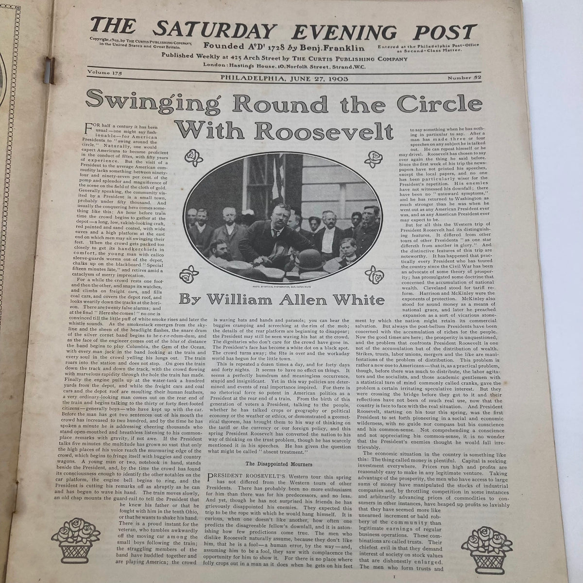 Saturday Evening Post Illustrated Cover June 27 1903 featuring the article 'Swinging Round the Circle With Roosevelt' by William Allen White, showcasing historical content and vintage newspaper design.