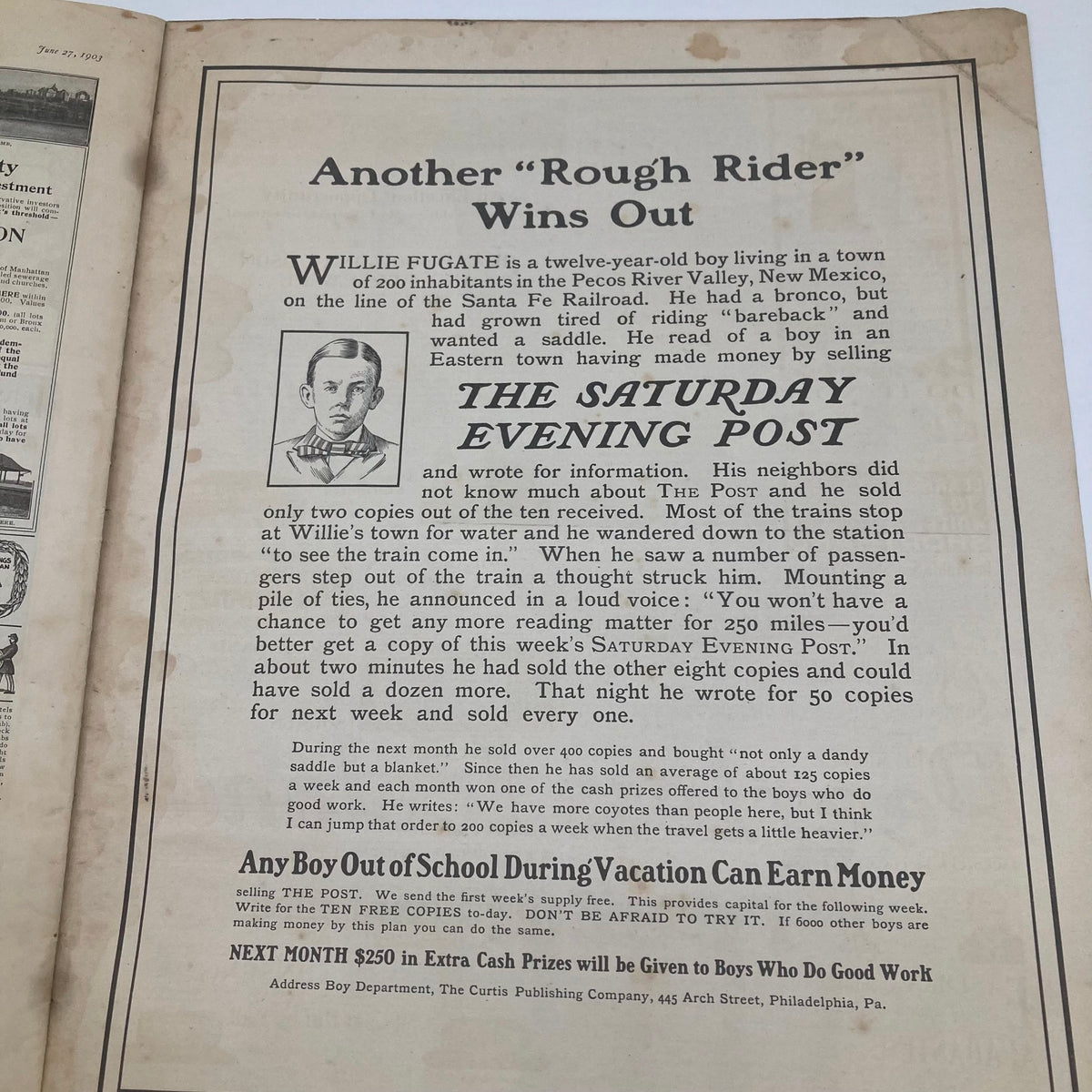 Saturday Evening Post Illustrated Cover June 27 1903 featuring the article about Willie Fugate, highlighting historical narrative alongside newspaper aesthetics.