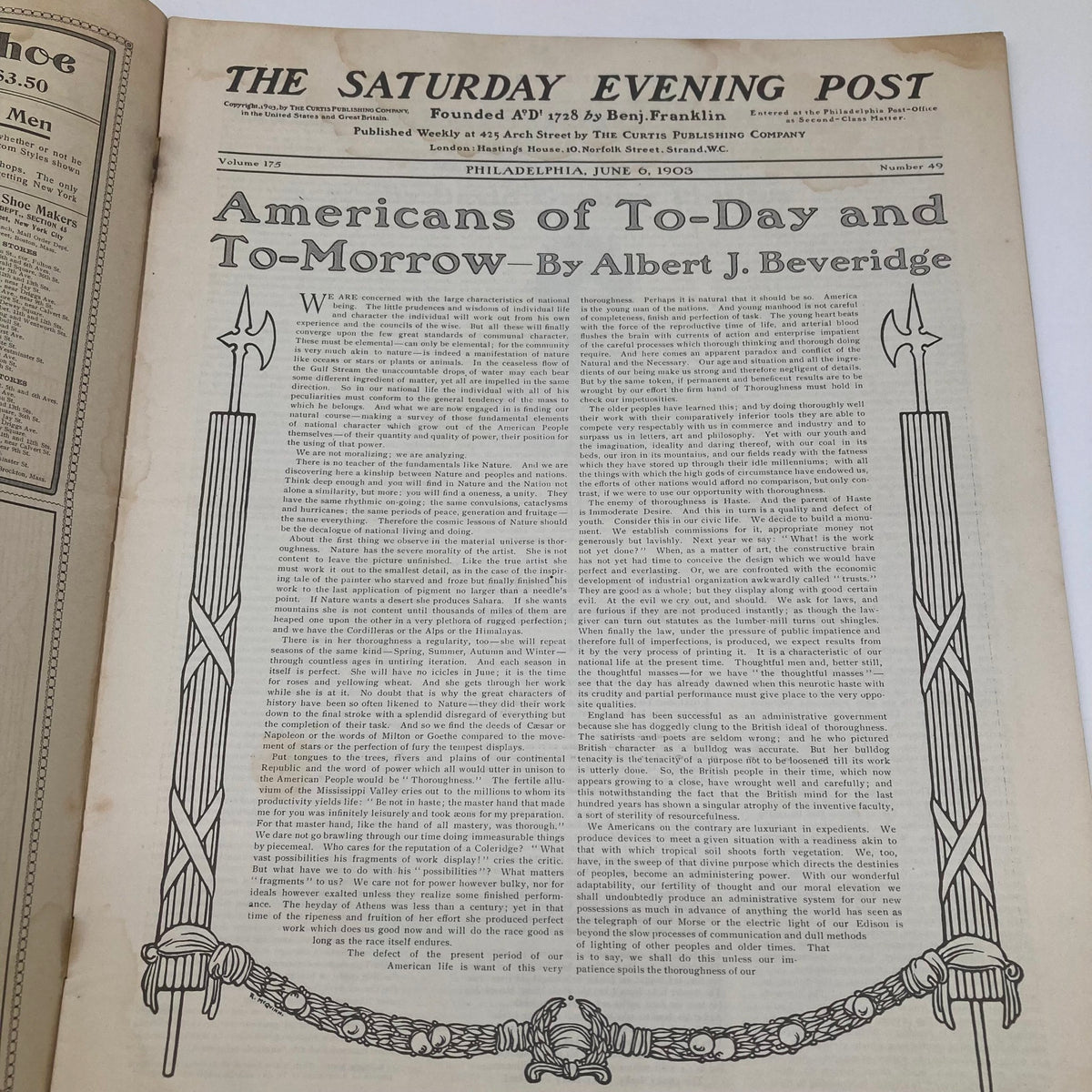 Interior page of the Saturday Evening Post from June 6, 1903, displaying an article titled 'Americans of To-Day and To-Morrow' by Albert J. Beveridge, showcasing historical perspectives from the early 1900s.