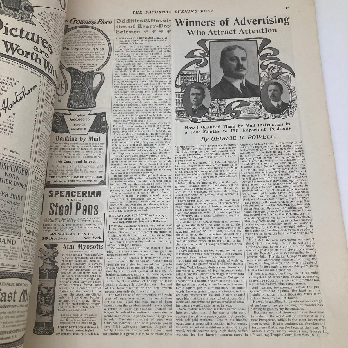 Another inside page of the Saturday Evening Post June 13 1903 featuring an article on advertising with images of notable figures.