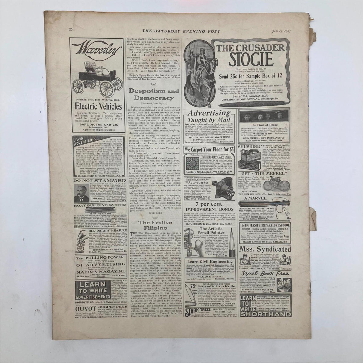 Back page of the Saturday Evening Post June 13 1903 displaying vintage advertisements including those for electric vehicles and other products.
