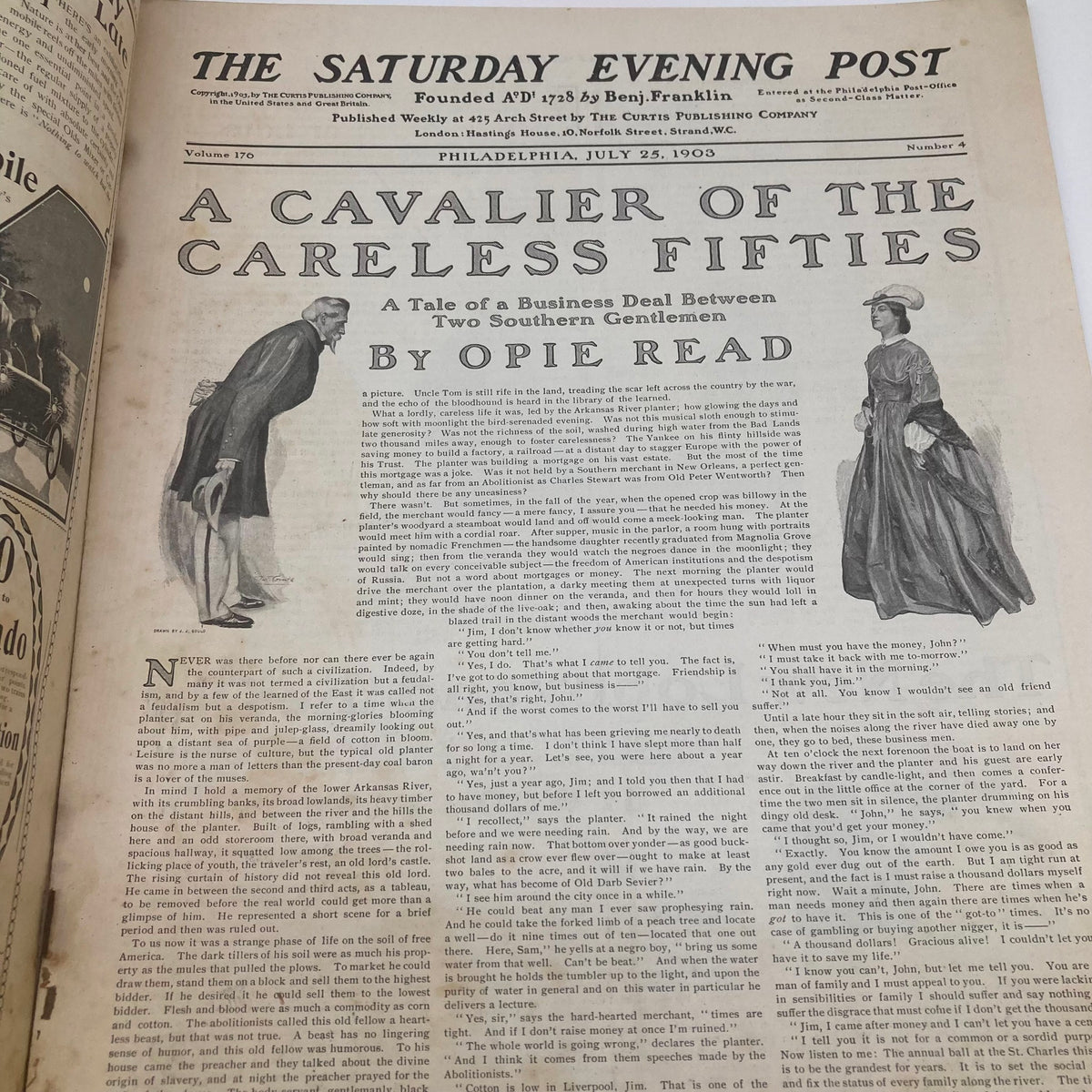Article titled 'A Cavalier of the Careless Fifties' from the Saturday Evening Post, July 25, 1903, depicting a tale about a business deal between two Southern gentlemen.