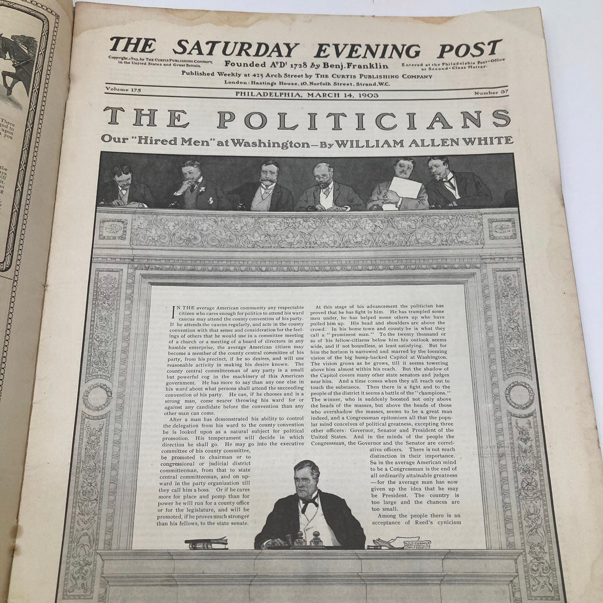 Saturday Evening Post Illustrated Cover March 14 1903 featuring an article titled The Politicians, depicting a political scene with a man speaking at a podium.