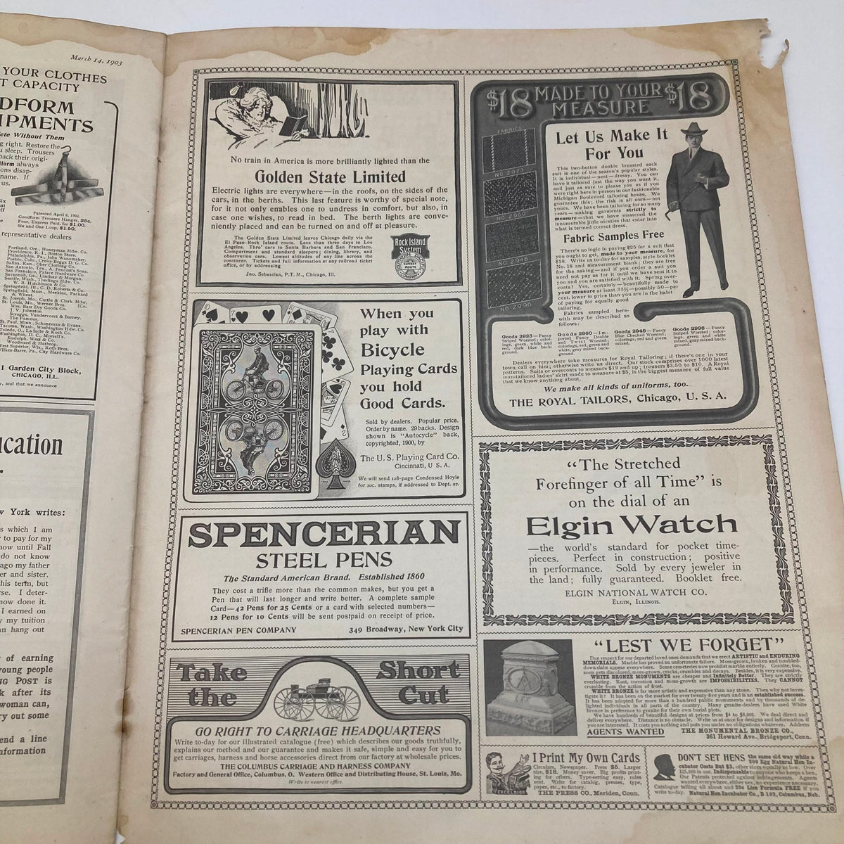 Saturday Evening Post Illustrated Cover March 14 1903 showcasing a page filled with ads, including Spencerian Steel Pens, reflecting the historical advertising style of the era.