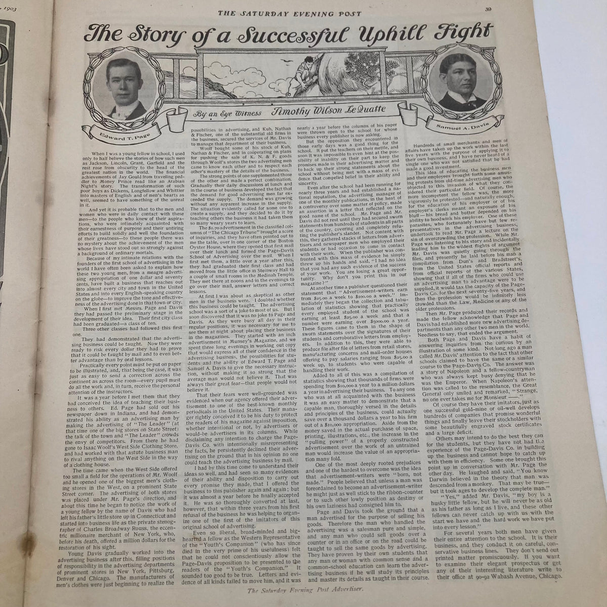 Interior page of the Saturday Evening Post Illustrated Cover from September 19, 1903, presenting an article titled 'The Story of a Successful Uphill Fight' featuring portraits of Timothy Wilson and Seattle.