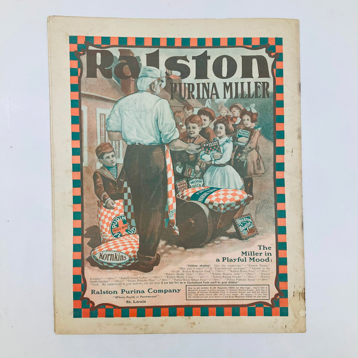 Vintage cover of Ralston Purina Miller magazine with a playful illustration depicting a miller surrounded by children, featuring the title 'Ralston Purina Miller'. This nostalgic piece is from the early 20th century, showcasing the company's branding.