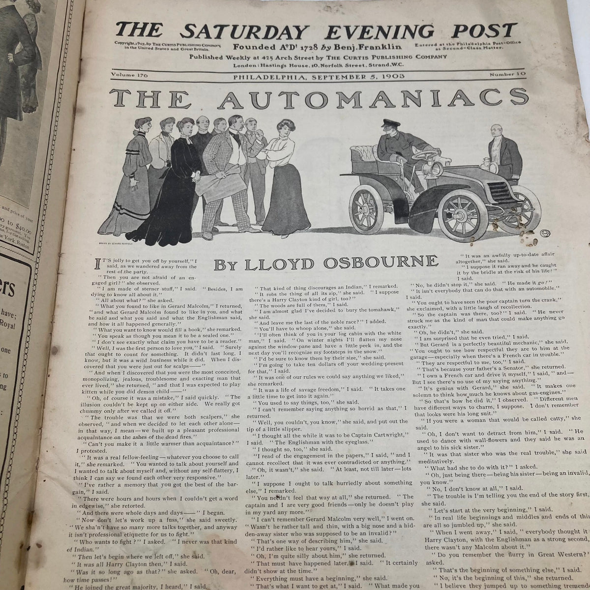 Interior page of The Saturday Evening Post from September 5, 1903, featuring the story 'The Auto-Maniacs' by Lloyd Osbourne with illustrations of elegantly dressed individuals and an early automobile.