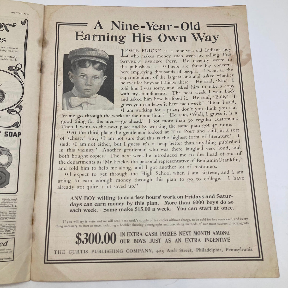 Inside advertisement from the Saturday Evening Post August 29 1903 promoting a boy's opportunity to earn money, featuring a black-and-white illustration of a young boy.