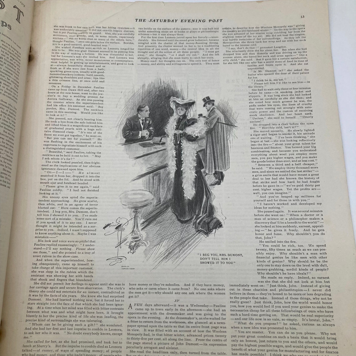 Illustration from the Saturday Evening Post Cover December 26 1903, featuring a woman in a fashionable outfit at a bar, showcasing early 20th-century style and charm.