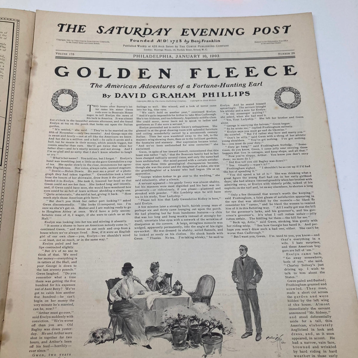 Interior page of the Saturday Evening Post Illustrated Cover January 10 1903 featuring the article 'Golden Fleece' with an illustration of fortune hunters.