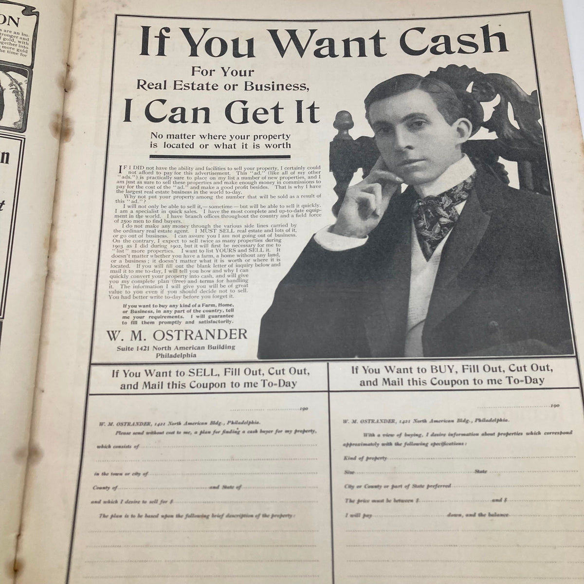 Advertisement page in the Saturday Evening Post Illustrated Cover January 10 1903 offering services for real estate, featuring a portrait of W. M. Ostrander.