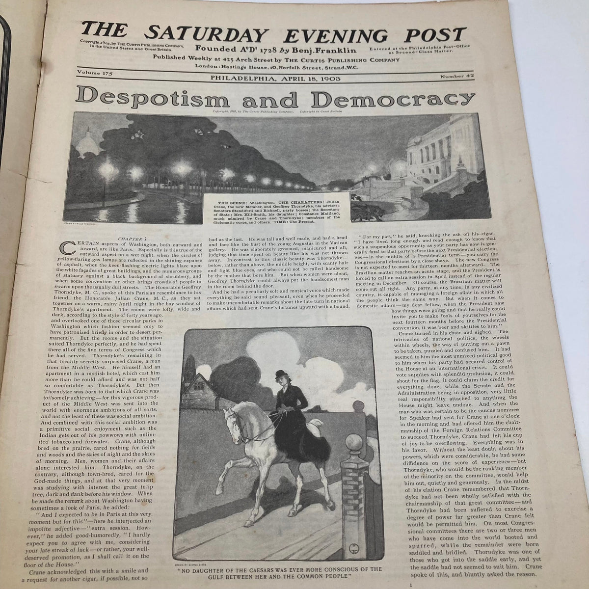 Interior page of Saturday Evening Post, April 18 1903, displaying the article 'Despotism and Democracy'.
