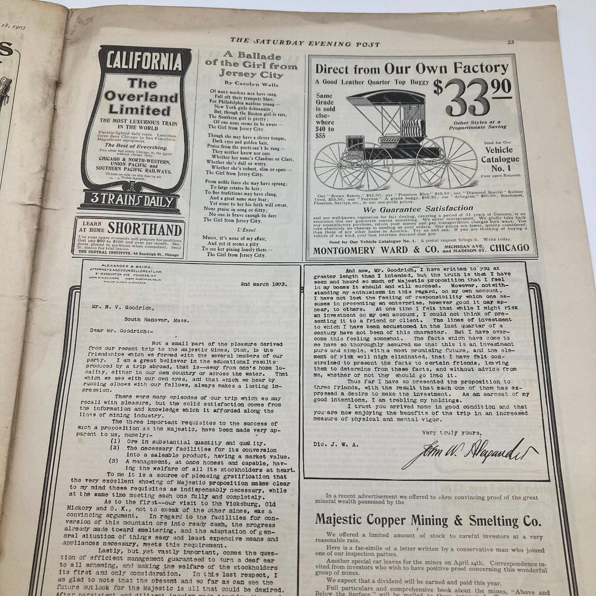 Interior page advertisement from the Saturday Evening Post, April 18 1903, promoting products with a focus on customer satisfaction.