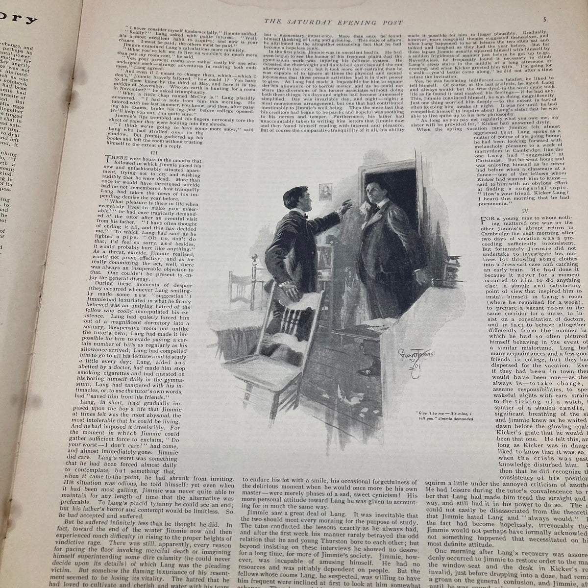Interior page of the Saturday Evening Post Illustrated Cover June 29 1901, showcasing a scene of a man interacting with a woman at a door.