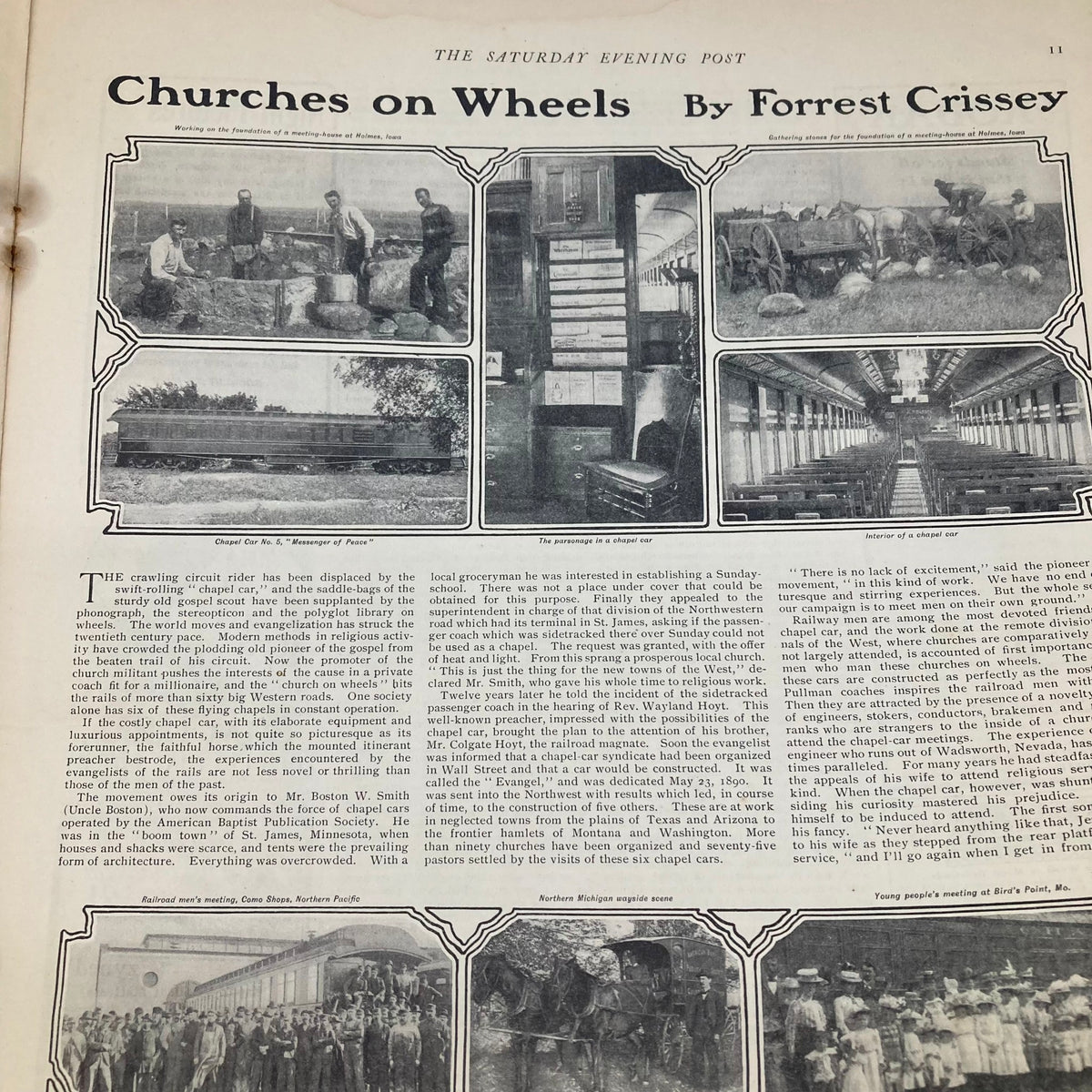 Interior page of the Saturday Evening Post Illustrated Cover June 29 1901, titled 'Churches on Wheels' by Forrest Crissey, featuring historical photographs.