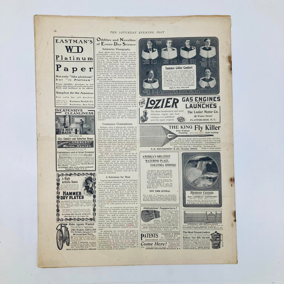 Interior page of the Saturday Evening Post Illustrated Cover June 29 1901, displaying advertisements alongside articles.