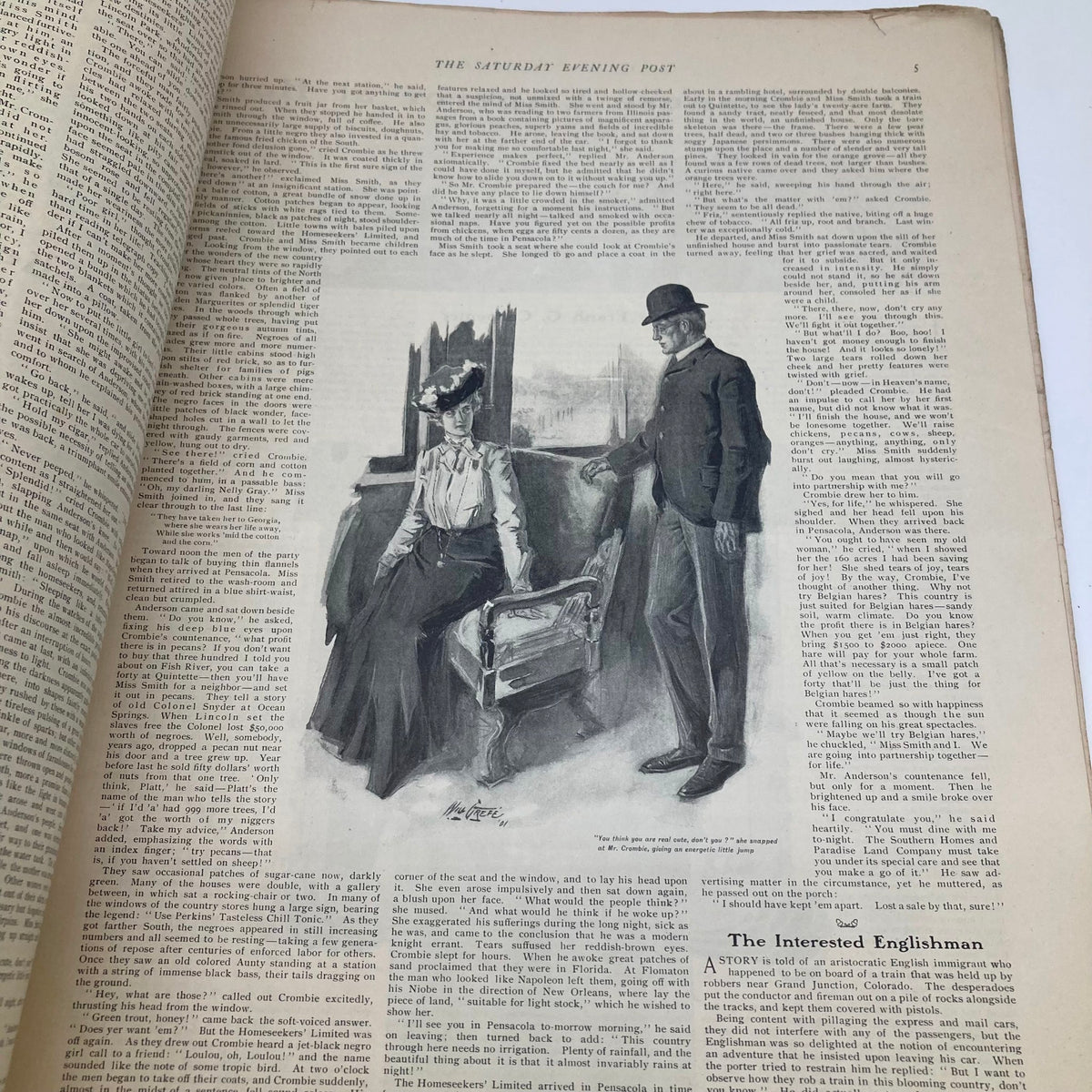 Interior page of the Saturday Evening Post Magazine illustrating a scene with a woman in Victorian attire and a man in a bowler hat.