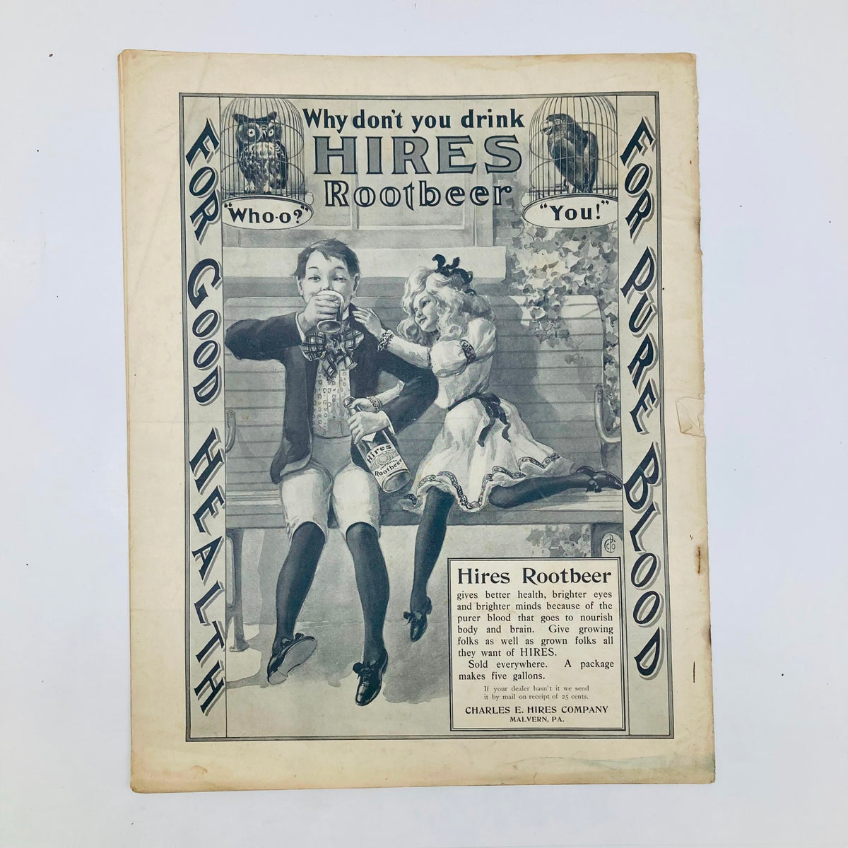 Vintage advertisement page for Hires Rootbeer, featuring children and promoting health benefits, from the Saturday Evening Post Magazine June 22, 1901.