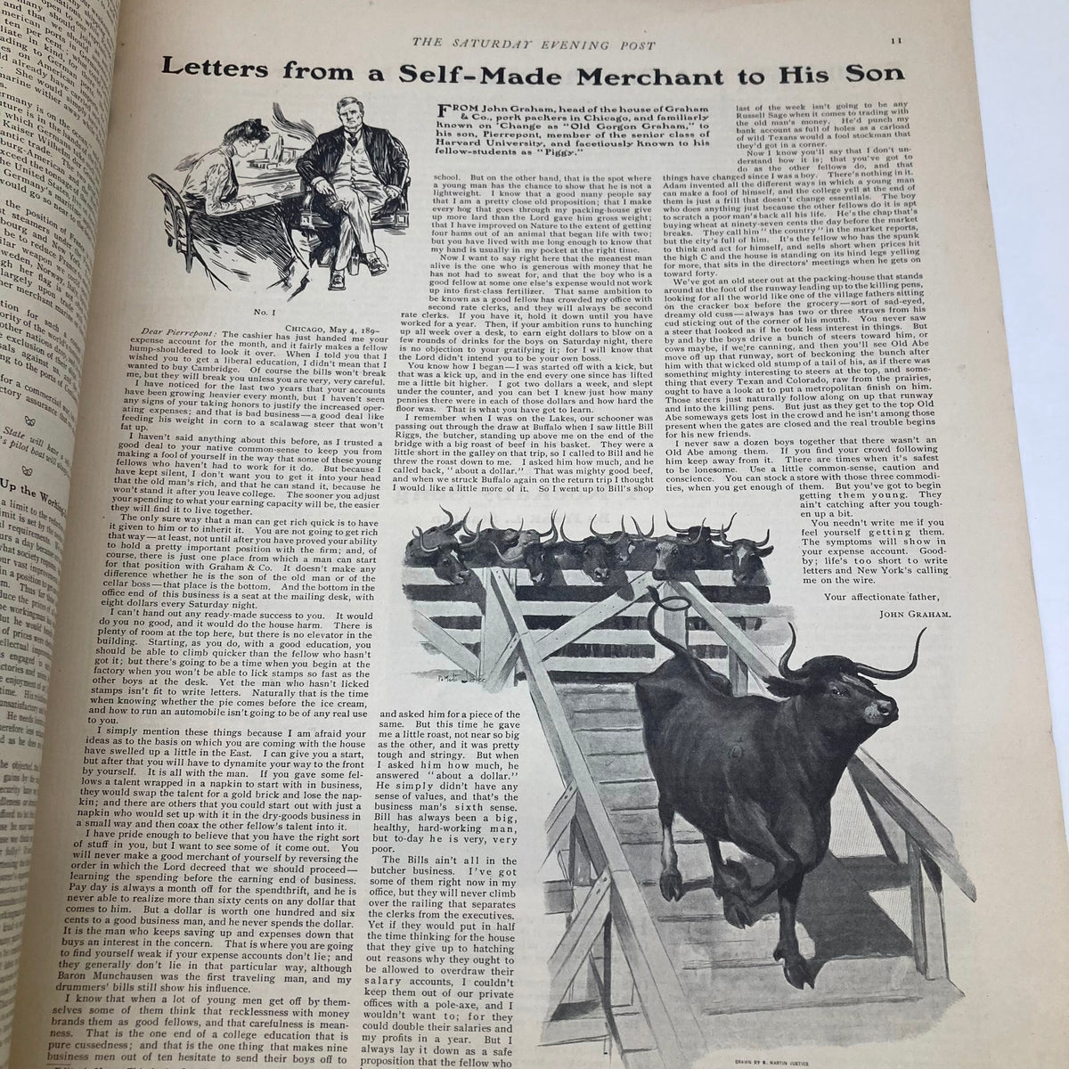 Inside page of the Saturday Evening Post Magazine from August 3, 1901, titled 'Letters from a Self-Made Merchant to His Son' showcasing early 20th-century writing and illustrations.