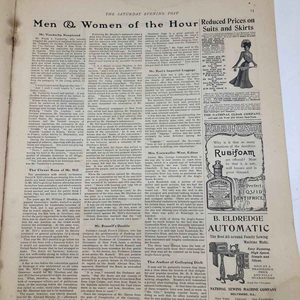 Page from the Saturday Evening Post Magazine August 3, 1901, featuring 'Men & Women of the Hour', illustrating social commentary from the early 1900s.