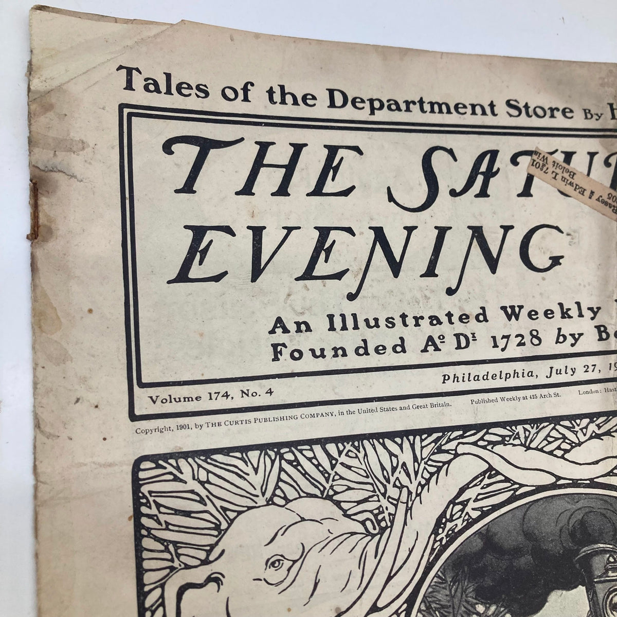 Detailed image of the Saturday Evening Post Magazine cover dated July 27, 1901, showcasing the title and illustrations related to locomotives.