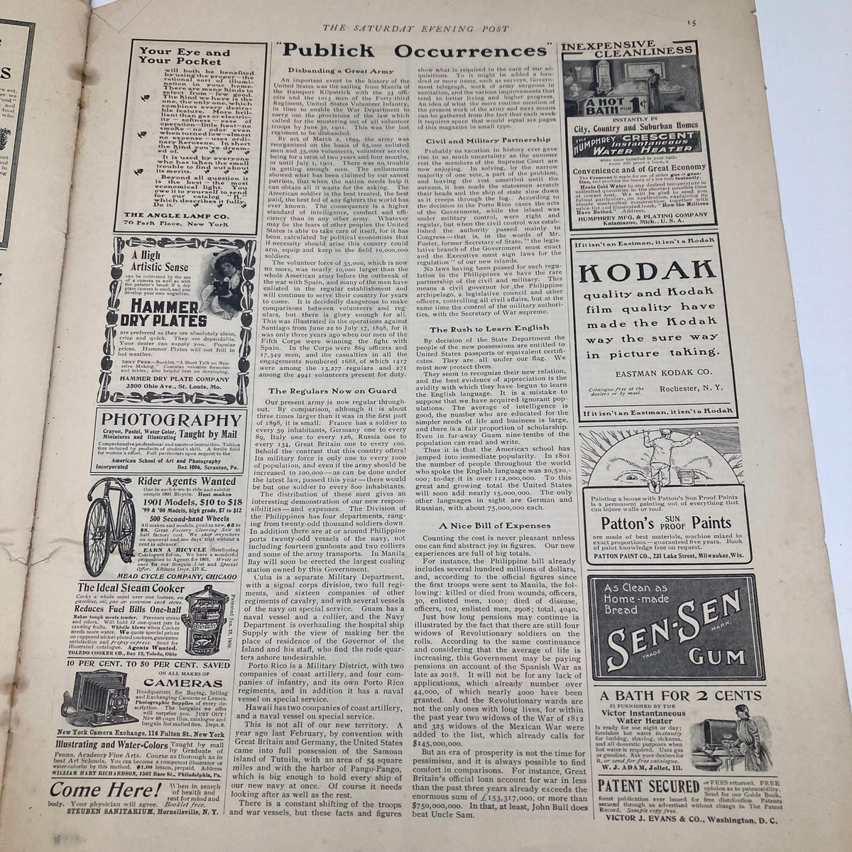 Advertising and articles from the Saturday Evening Post Magazine Illustrated Cover July 27 1901, highlighting trends of the early 20th century.